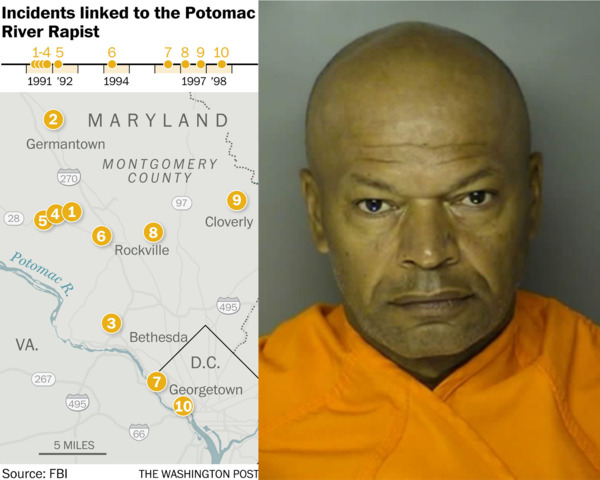 Map of Incidents Linked to the Potomac River Rapist + Arrest Photo of Giles Daniel Warrick